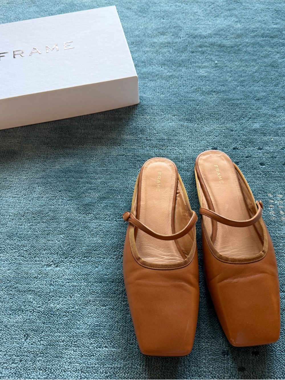 Frame Cognac Leather Square-Toe Mary Jane Mules